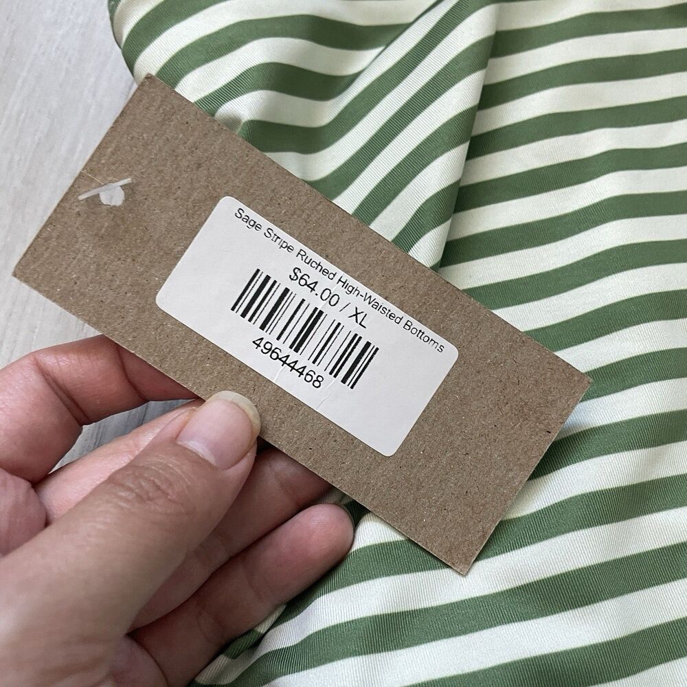 Albion Bikini Bottoms NWT sage striped ruched high waisted womens Green (xlarge) - Picture 2 of 6